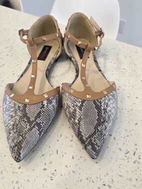 Pointed T‑Strap Snake Print Flats with Tan Studded Trim